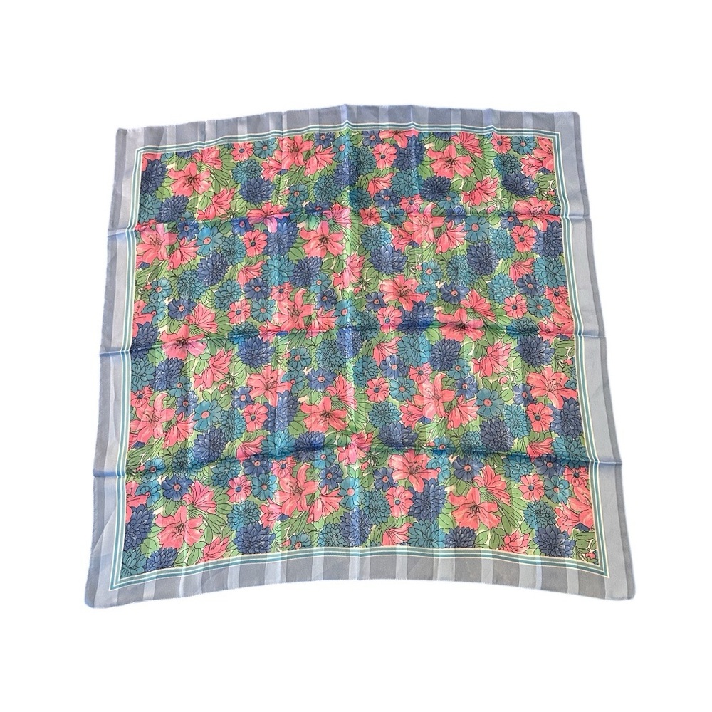 Berkshire Silken Polyester Square Scarf Floral 70s Blue Pink Green Italy 31”x31”